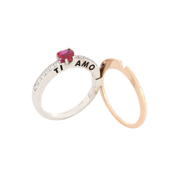 Anello Secret con Cuore Rubino e Diamanti Aperto