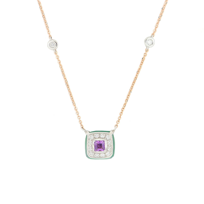 Dettaglio Collana Bonbon Quadrato Ametista, Onice Verde e Diamanti
