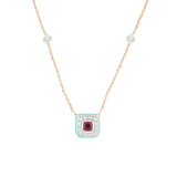 Collana Bonbon Quadrato Rodolite, Turchese e Diamanti