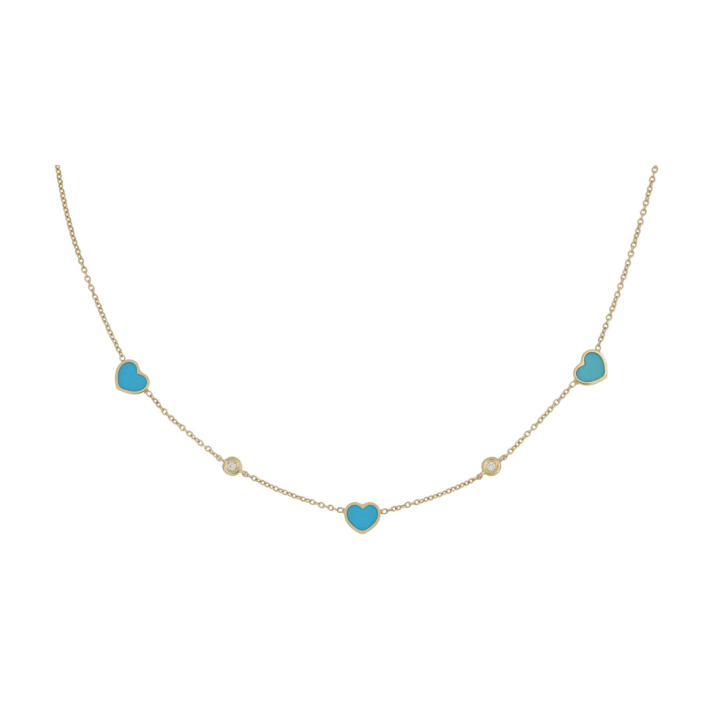 Collana Cuori Turchese E Diamanti Oro 18 Kt
